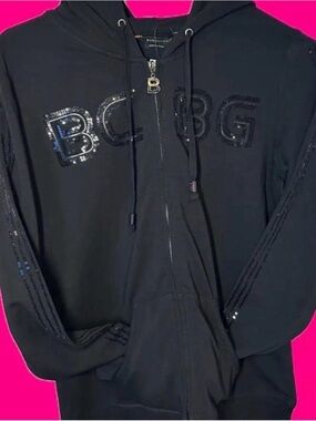 BCBG Black Sequin Logo Zip Hoodie